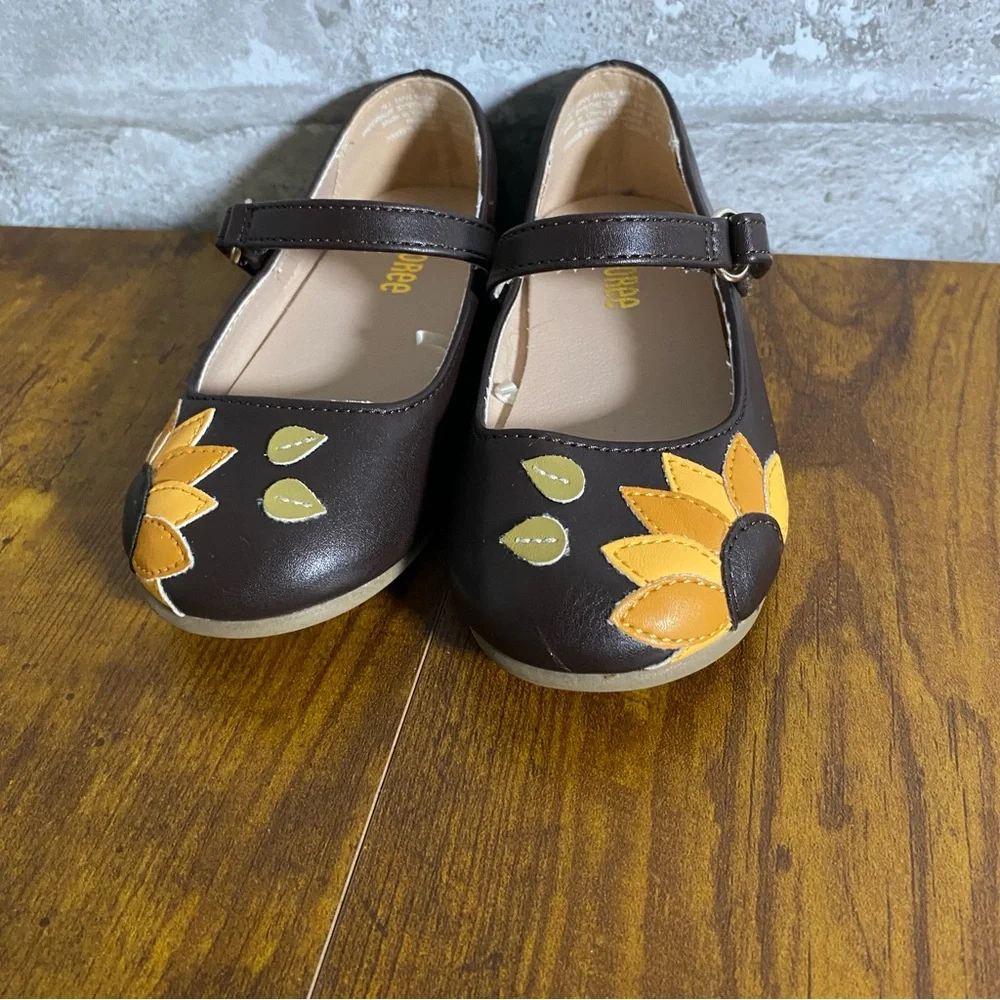 Gymboree Girls Brown Mary Jane Shoes Yellow Sunflower Accent toddler baby size 7